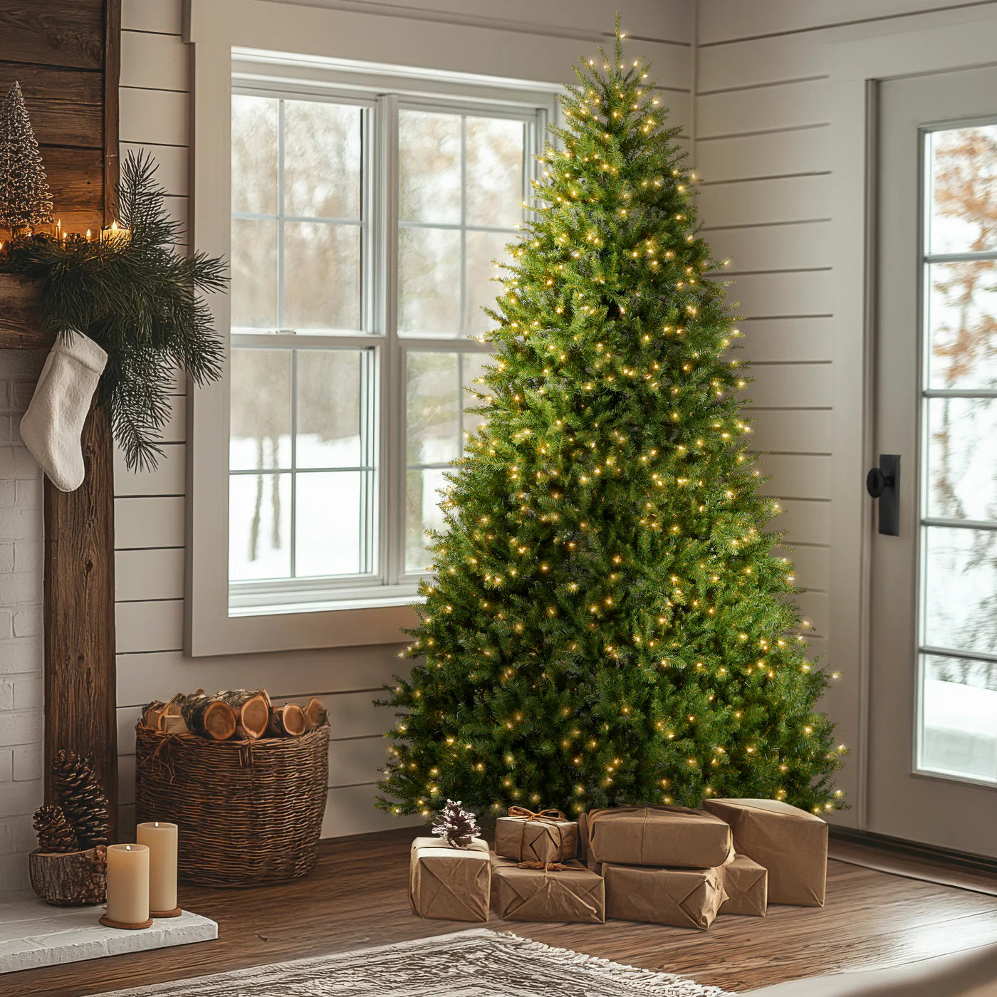 Árvore de Natal Verde Monterey Pine com Galhos Longos, Suporte Metálico e Micro LEDs Coloridos Embutidos