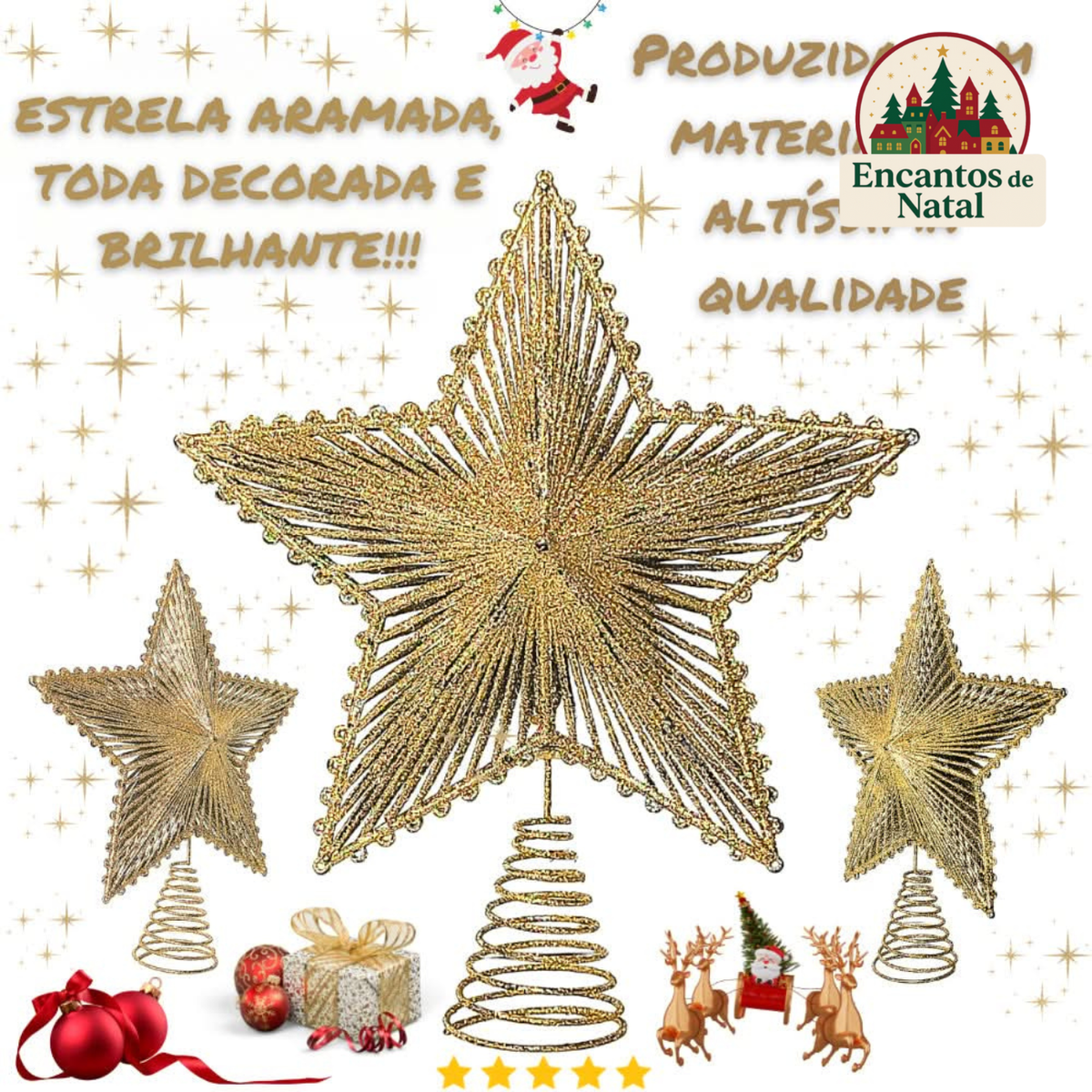 Estrela de Natal 24cm Aramada com Glitter – Topo de Árvore Brilhante Metalizado