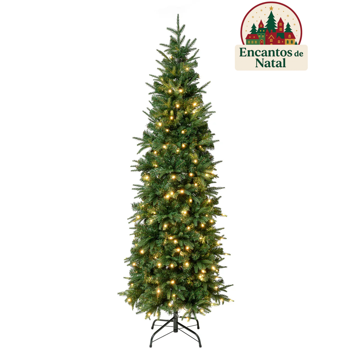 Árvore de Natal Slim Monterey Pine com Galhos Longos, Suporte Metálico e Micro LEDs Embutidos