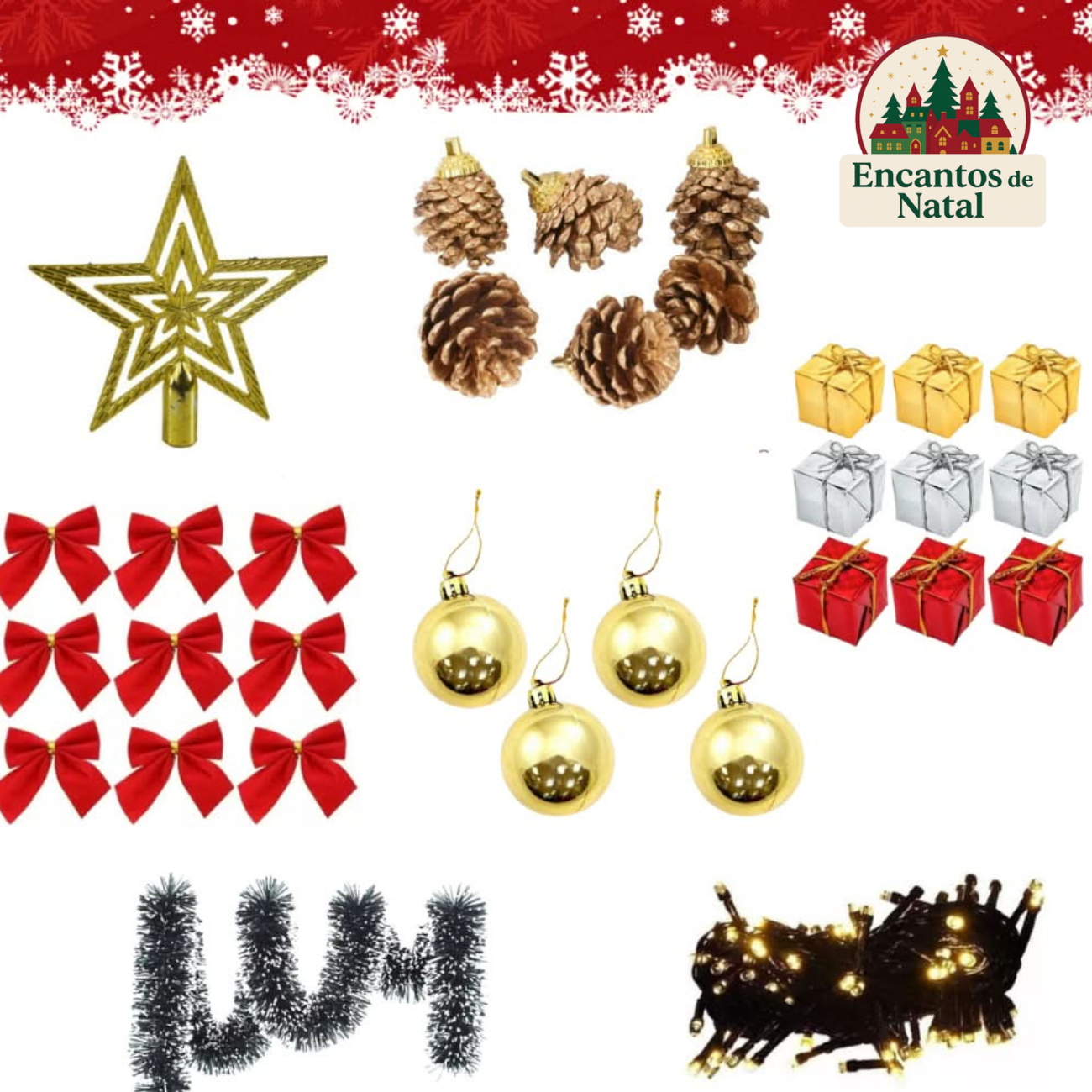 Kit 35 Enfeites de Natal Luxo – Bolinhas, Pisca-Pisca e Pendurados para Decoração de Árvore ou Pinheiro