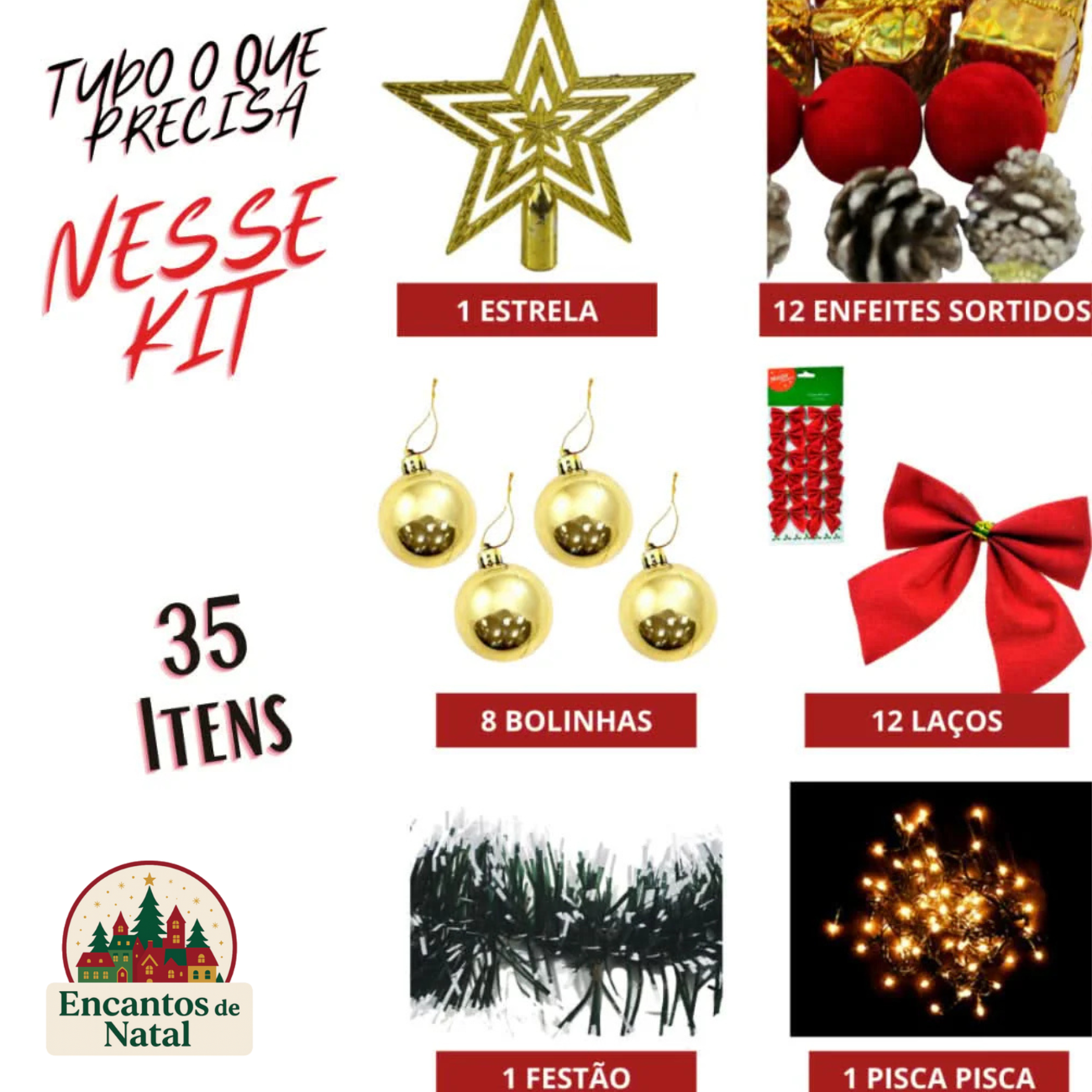 Kit 35 Enfeites de Natal Luxo – Bolinhas, Pisca-Pisca e Pendurados para Decoração de Árvore ou Pinheiro