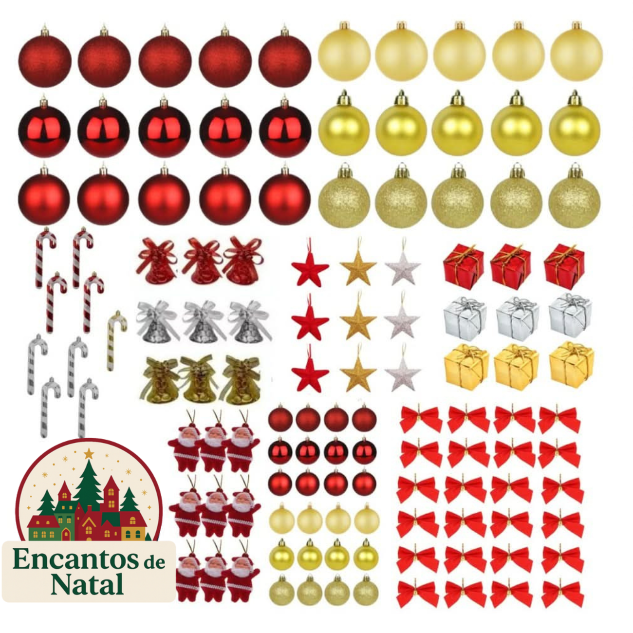Kit 125 Enfeites de Natal com Bolinhas, Pendentes e Pisca-Pisca LED para Decoração de Árvore