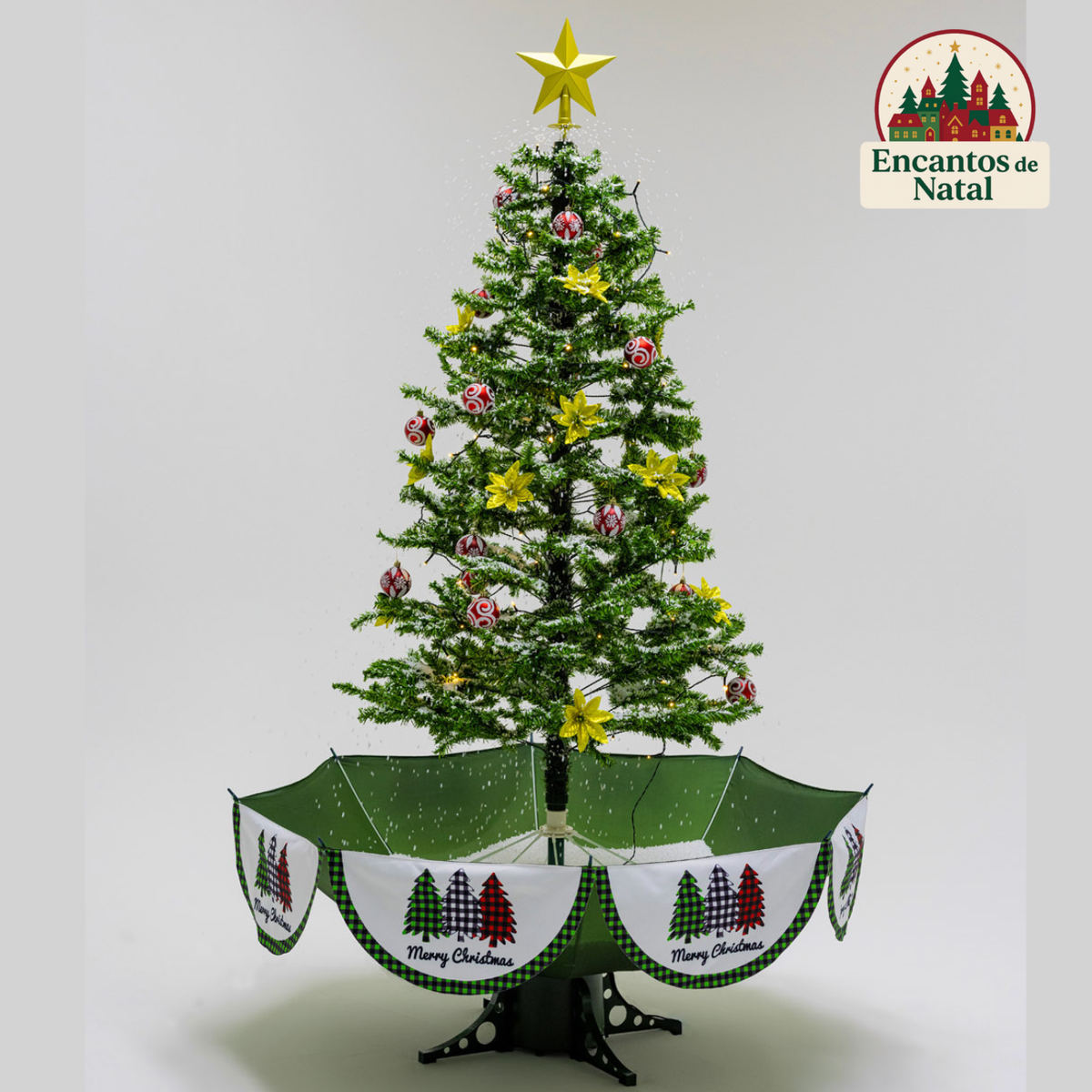 Árvore de Natal Grande, Base Guarda-Chuva com Neve, Iluminação, Música 190 x 115