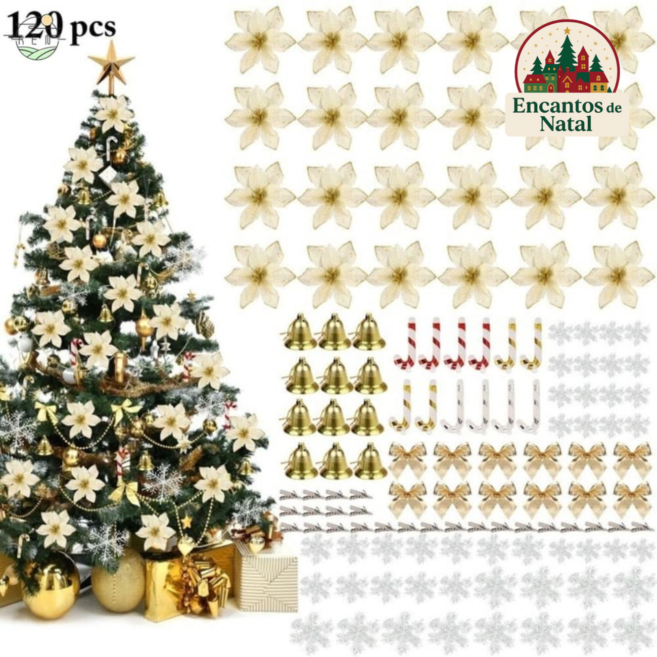Kit 120 Enfeites de Natal para Árvore – Bolas, Laços, Pinhas e Decorações Natalinas Completas