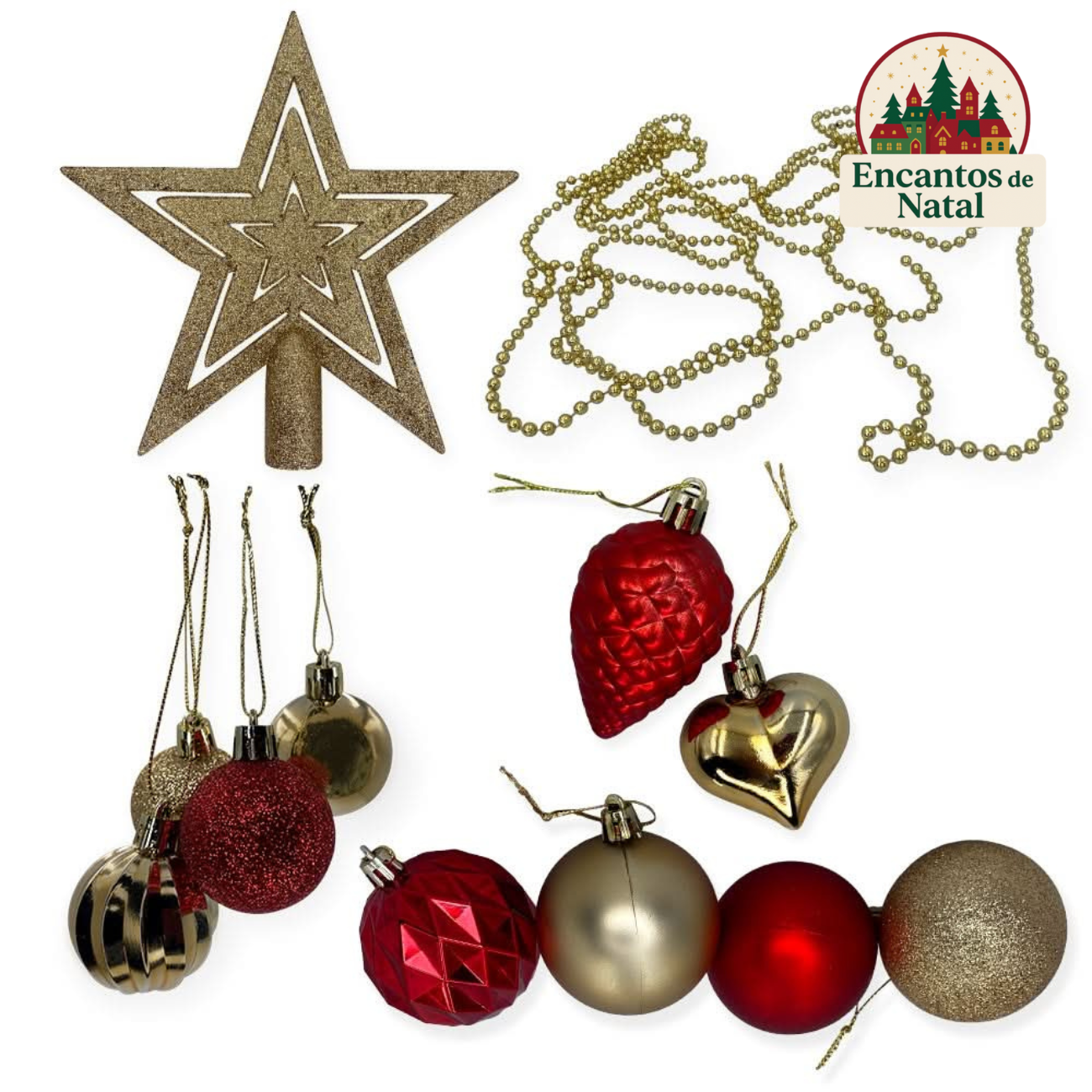 Kit Enfeites de Natal Completo – Bolas e Estrelas Dourado e Vermelho