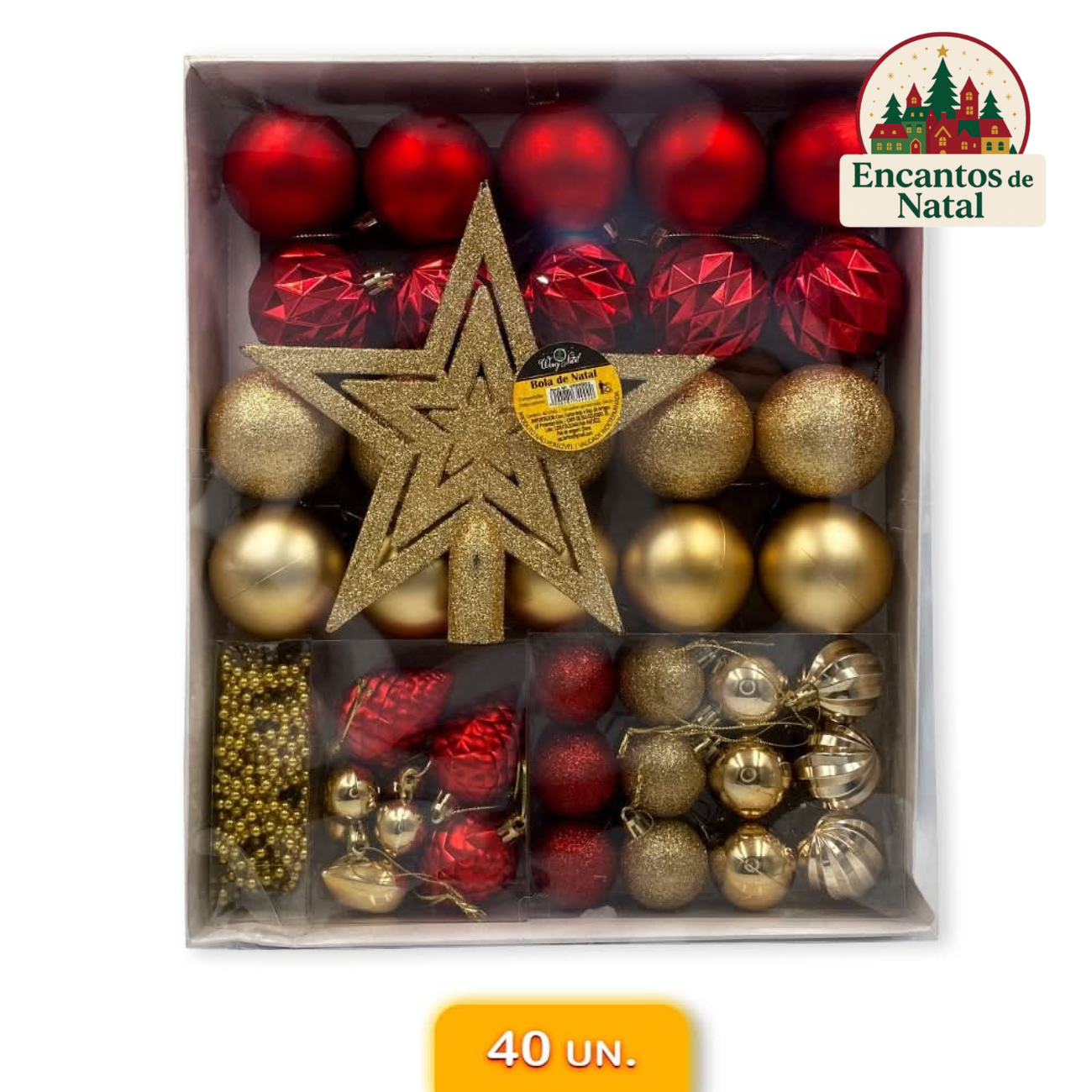 Kit Enfeites de Natal Completo – Bolas e Estrelas Dourado e Vermelho