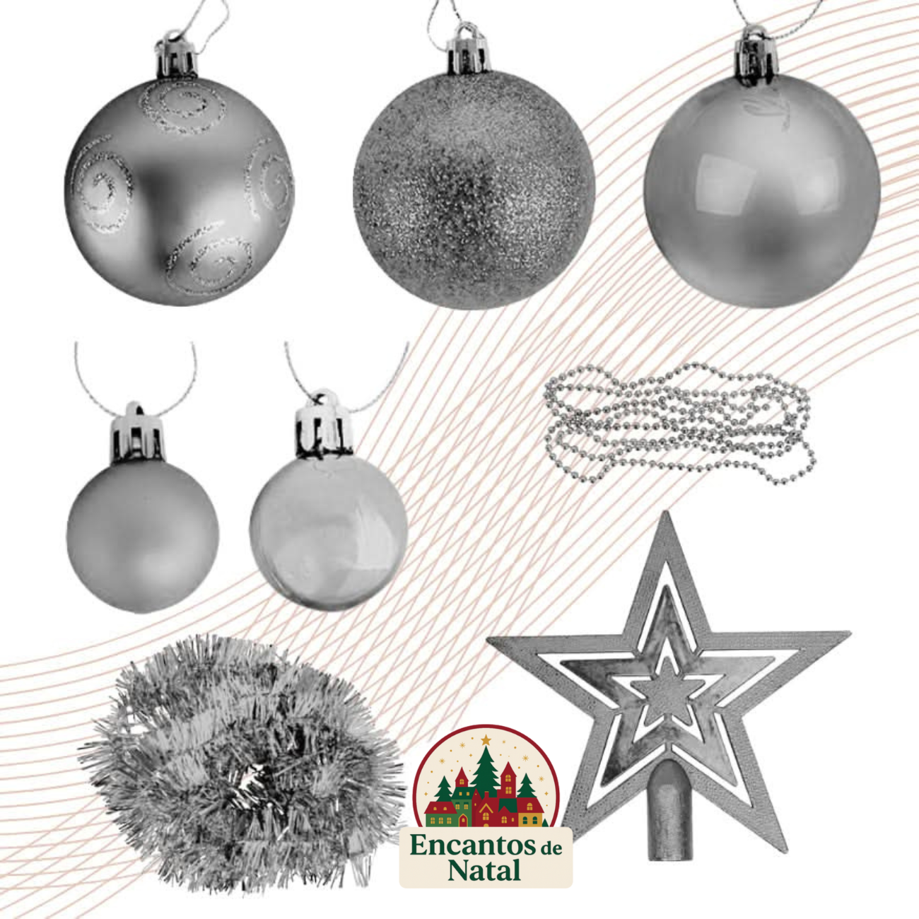 Kit 44 Enfeites de Natal – Bolas, Estrela, Festão e Cordão de Pérolas para Árvore Decorativa