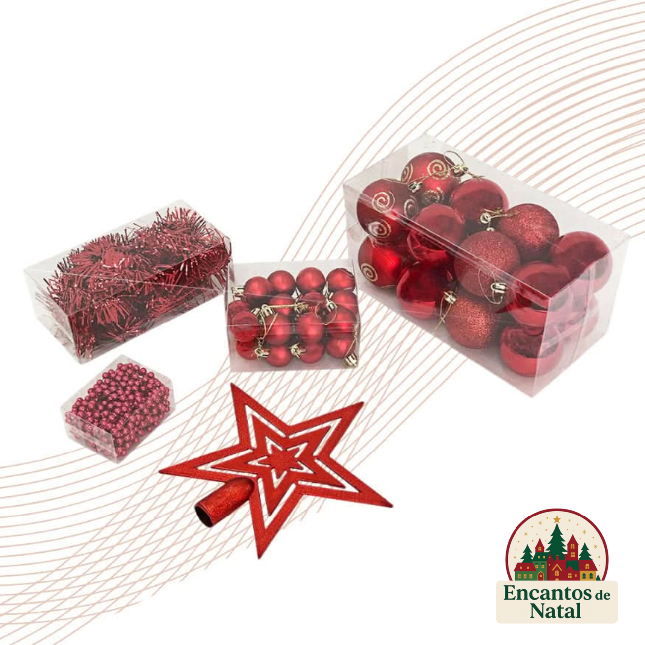 Kit 44 Enfeites de Natal – Bolas, Estrela, Festão e Cordão de Pérolas para Árvore Decorativa