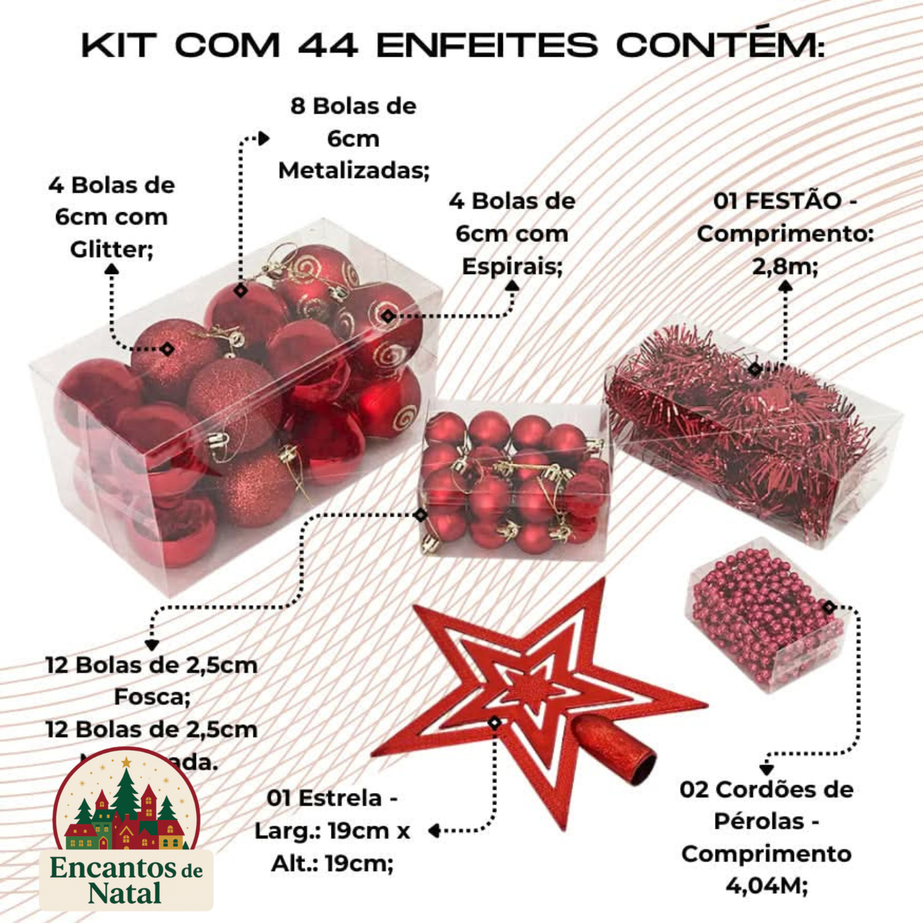 Kit 44 Enfeites de Natal – Bolas, Estrela, Festão e Cordão de Pérolas para Árvore Decorativa