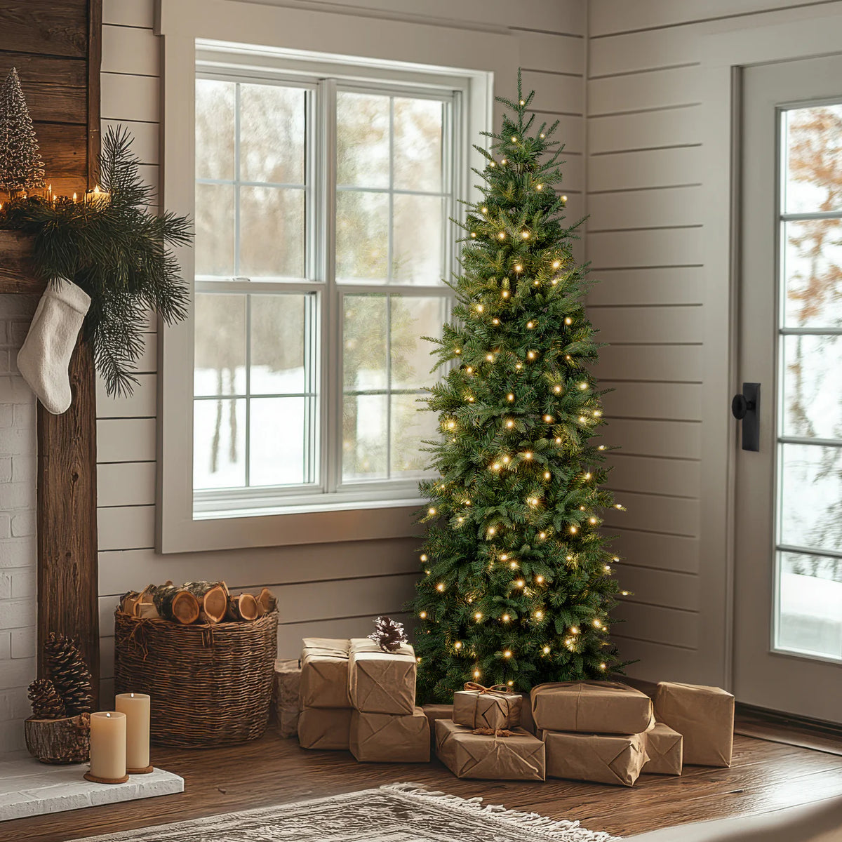 Árvore de Natal Slim Monterey Pine com Galhos Longos, Suporte Metálico e Micro LEDs Embutidos