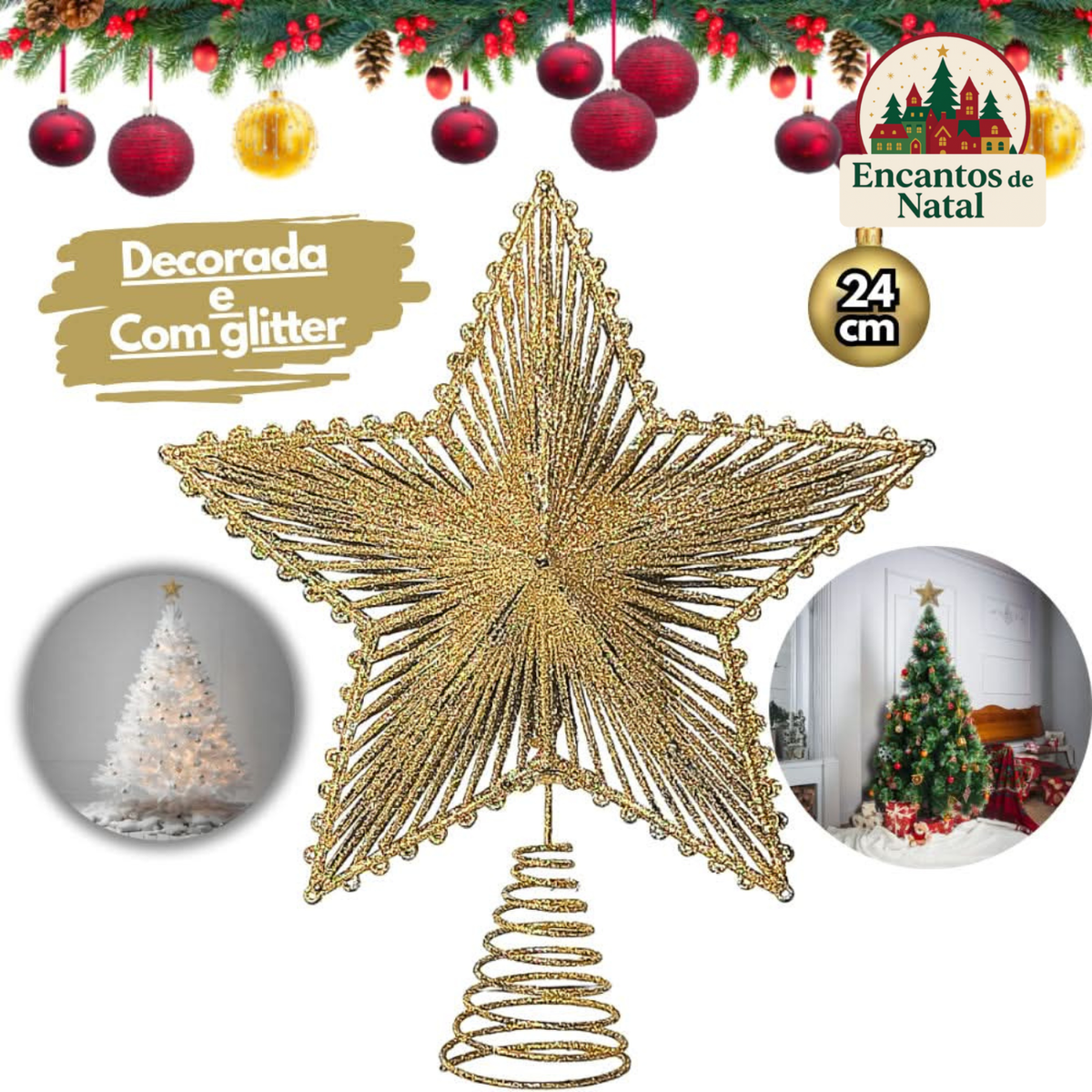 Estrela de Natal 24cm Aramada com Glitter – Topo de Árvore Brilhante Metalizado