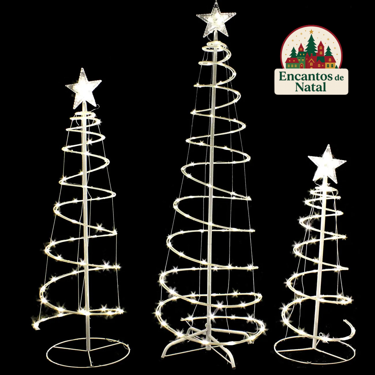 Kit com 3 Árvores de Natal em Espiral com Luzes de LED