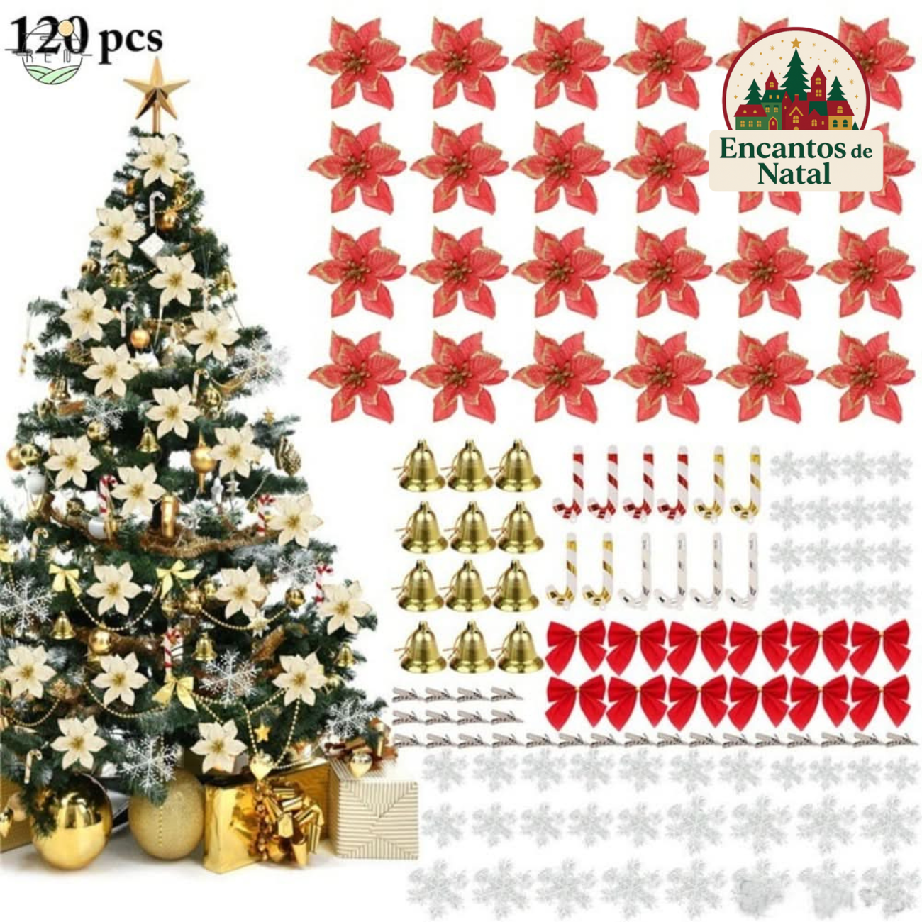 Kit 120 Enfeites de Natal para Árvore – Bolas, Laços, Pinhas e Decorações Natalinas Completas