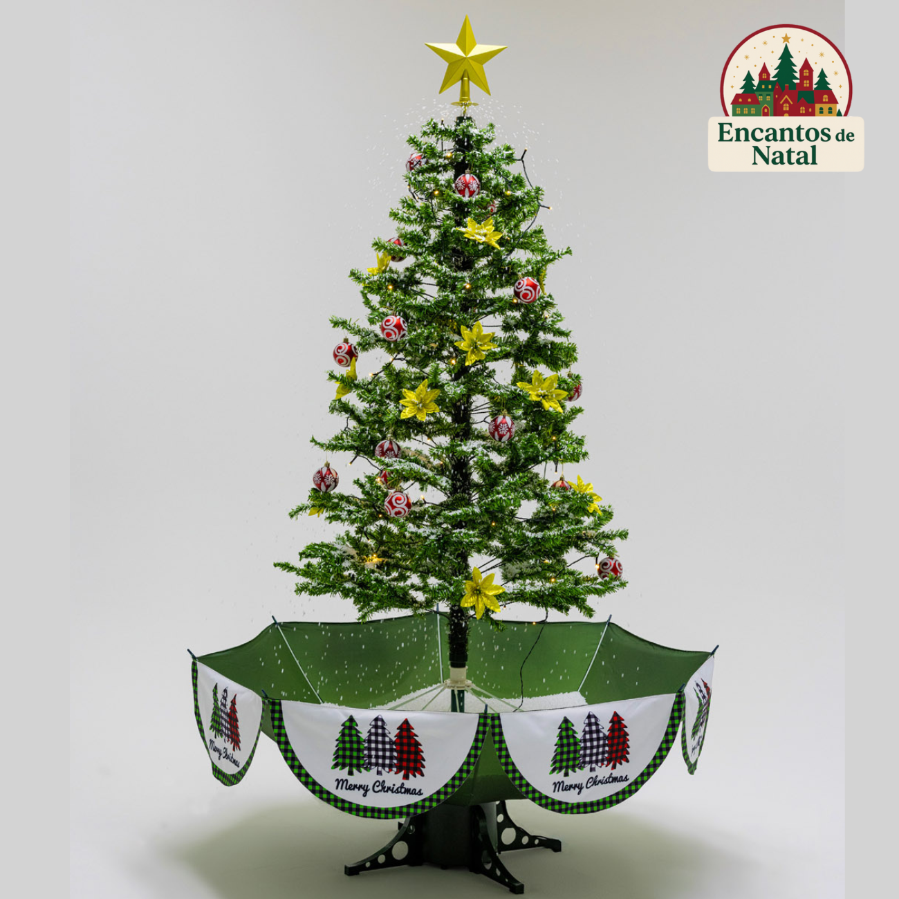 Árvore de Natal Grande, Base Guarda-Chuva com Neve, Iluminação, Música 190 x 115
