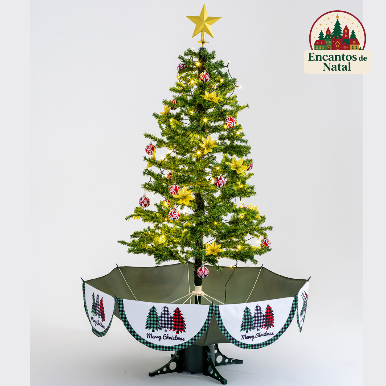 Árvore de Natal Grande, Base Guarda-Chuva com Neve, Iluminação, Música 190 x 115