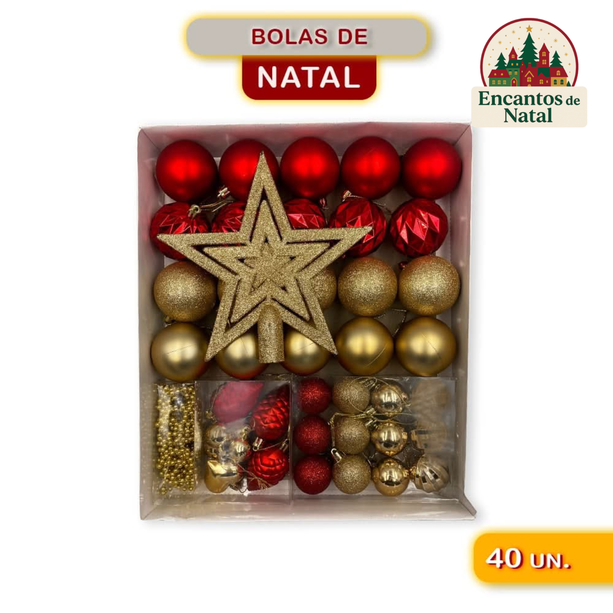 Kit Enfeites de Natal Completo – Bolas e Estrelas Dourado e Vermelho