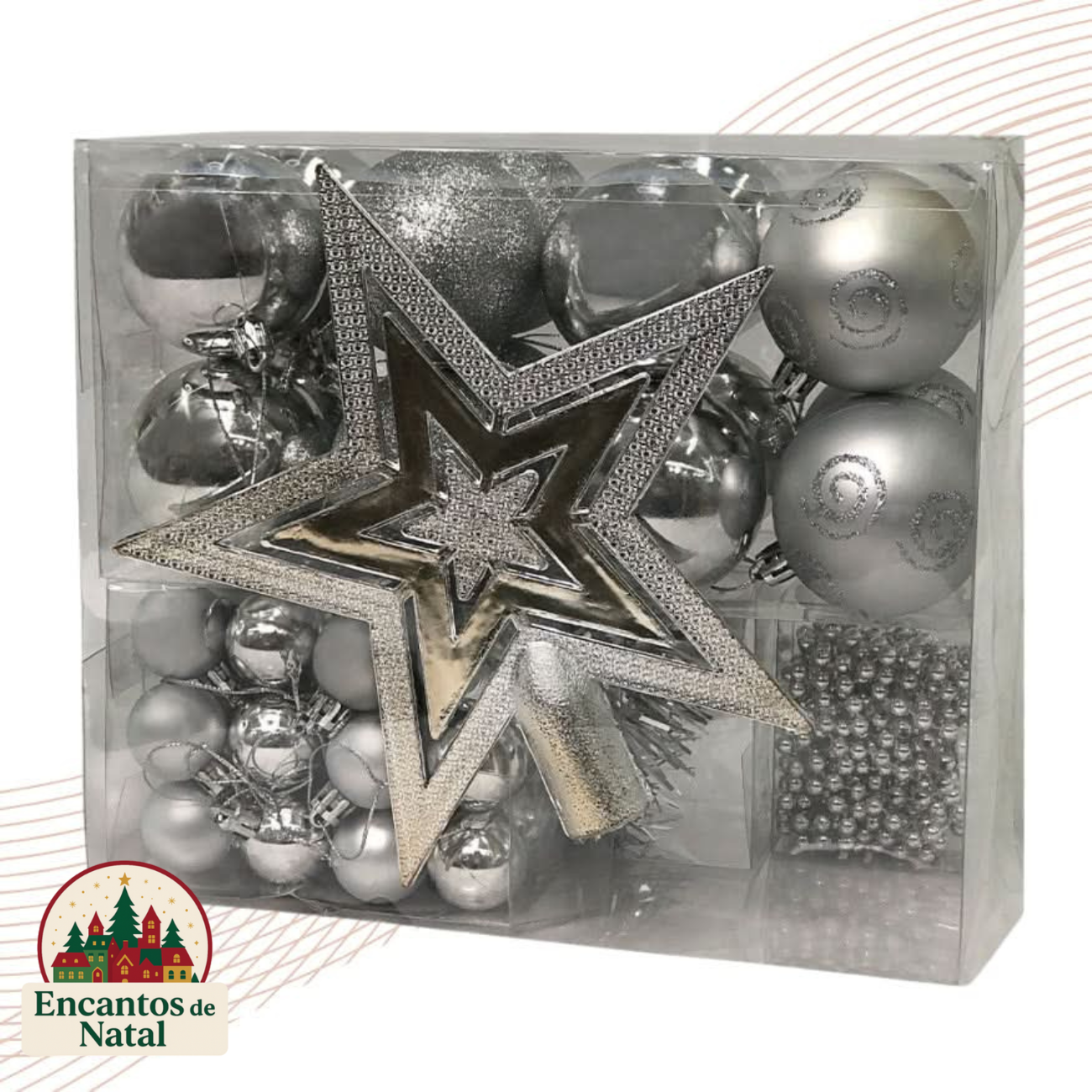 Kit 44 Enfeites de Natal – Bolas, Estrela, Festão e Cordão de Pérolas para Árvore Decorativa