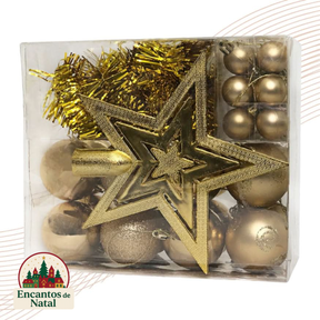 Kit 44 Enfeites de Natal – Bolas, Estrela, Festão e Cordão de Pérolas para Árvore Decorativa