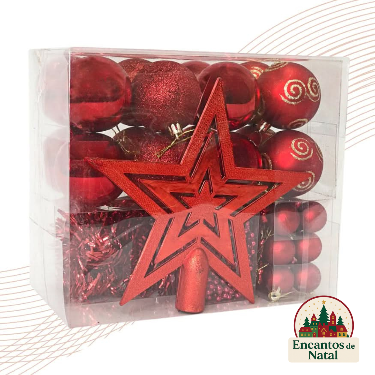 Kit 44 Enfeites de Natal – Bolas, Estrela, Festão e Cordão de Pérolas para Árvore Decorativa