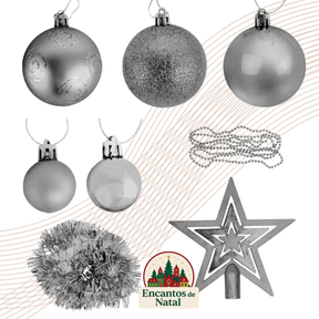 Kit 44 Enfeites de Natal – Bolas, Estrela, Festão e Cordão de Pérolas para Árvore Decorativa