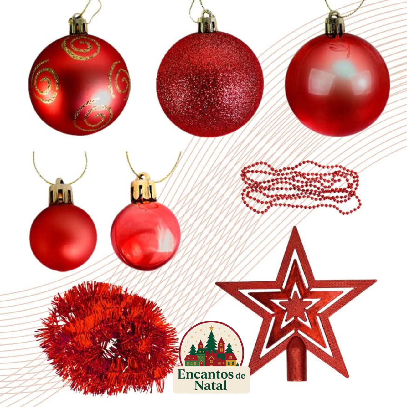 Kit 44 Enfeites de Natal – Bolas, Estrela, Festão e Cordão de Pérolas para Árvore Decorativa