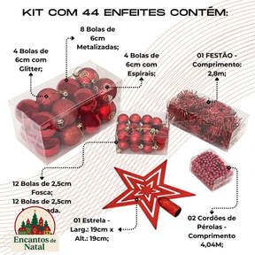 Kit 44 Enfeites de Natal – Bolas, Estrela, Festão e Cordão de Pérolas para Árvore Decorativa