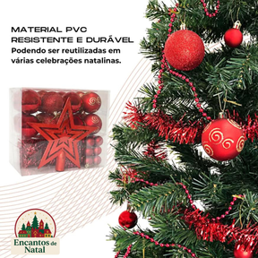 Kit 44 Enfeites de Natal – Bolas, Estrela, Festão e Cordão de Pérolas para Árvore Decorativa