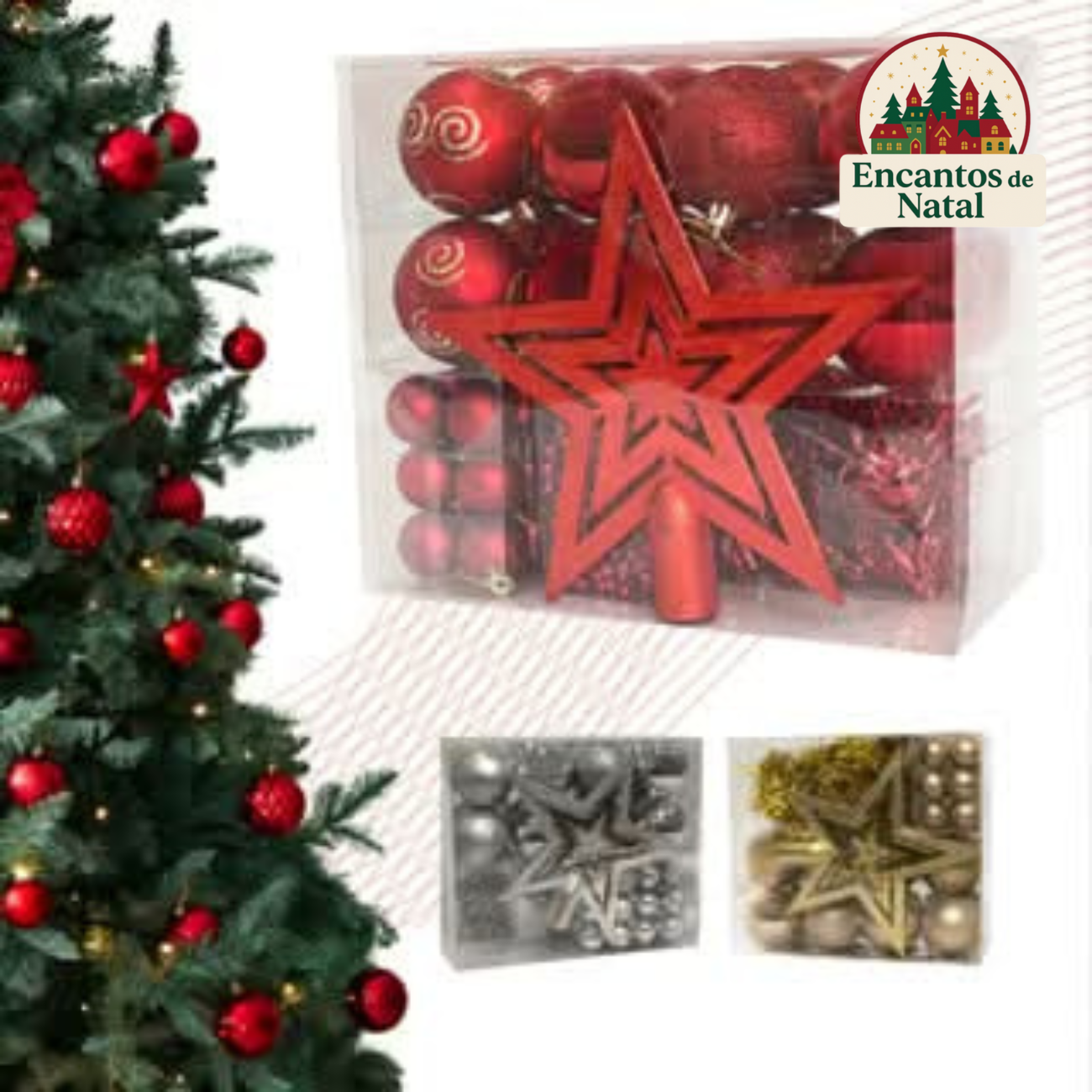 Kit 44 Enfeites de Natal – Bolas, Estrela, Festão e Cordão de Pérolas para Árvore Decorativa