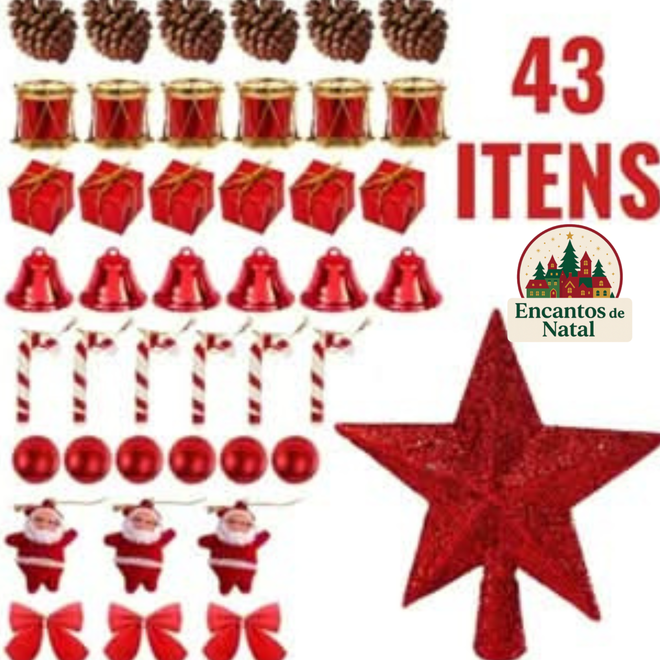 Kit 43 Enfeites de Natal – Bolinhas, Estrela e Decorações para Árvore Natalina