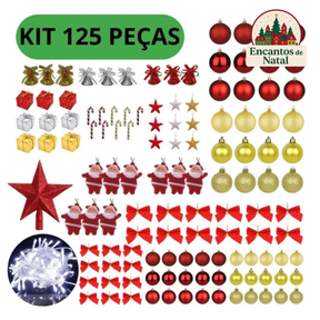Kit 125 Enfeites de Natal com Bolinhas, Pendentes e Pisca-Pisca LED para Decoração de Árvore