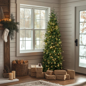 Árvore de Natal Slim Monterey Pine com Galhos Longos, Suporte Metálico e Micro LEDs Embutidos